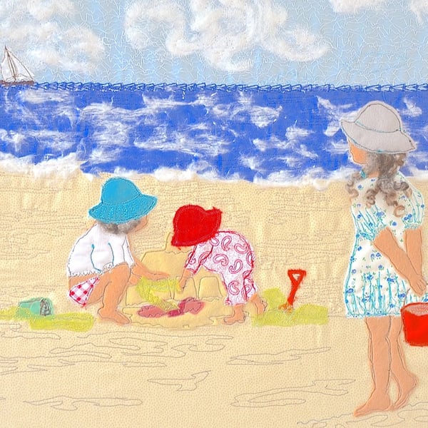 Children playing on beach, seaside picture - print of a textile artwork