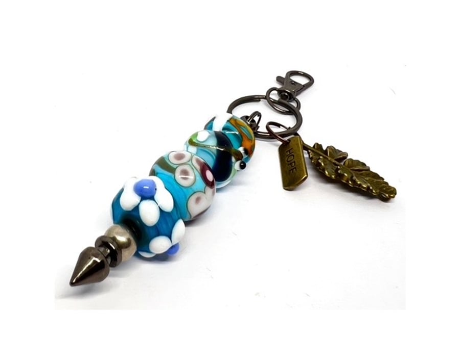 Handmade Ocean Blue & Floral Lampwork Glass Bead with added Charms Unique Gift 