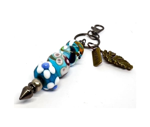 Handmade Ocean Blue & Floral Lampwork Glass Bead with added Charms Unique Gift 