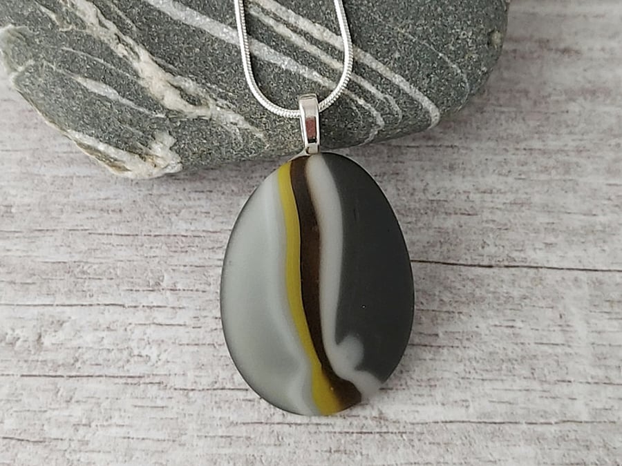 Grey and Yellow Glass Pebble Pendant 4