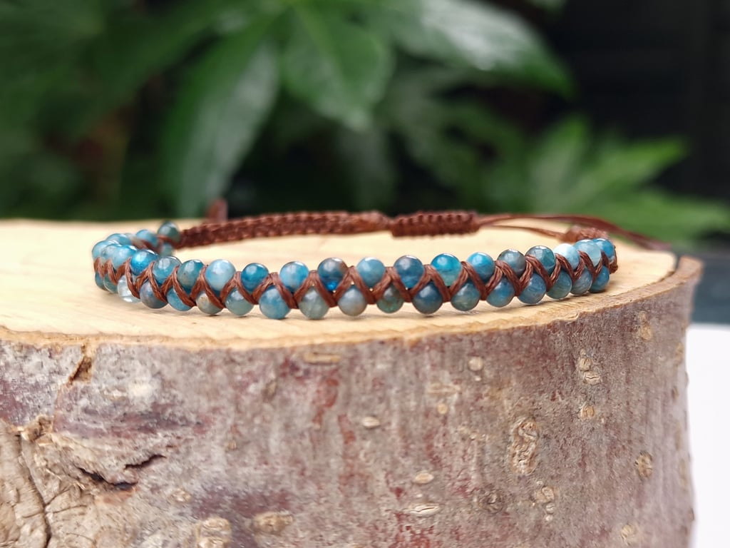 Apatite Macrame Bracelet, Gemstone Beaded Bracelet, Teal apatite stone
