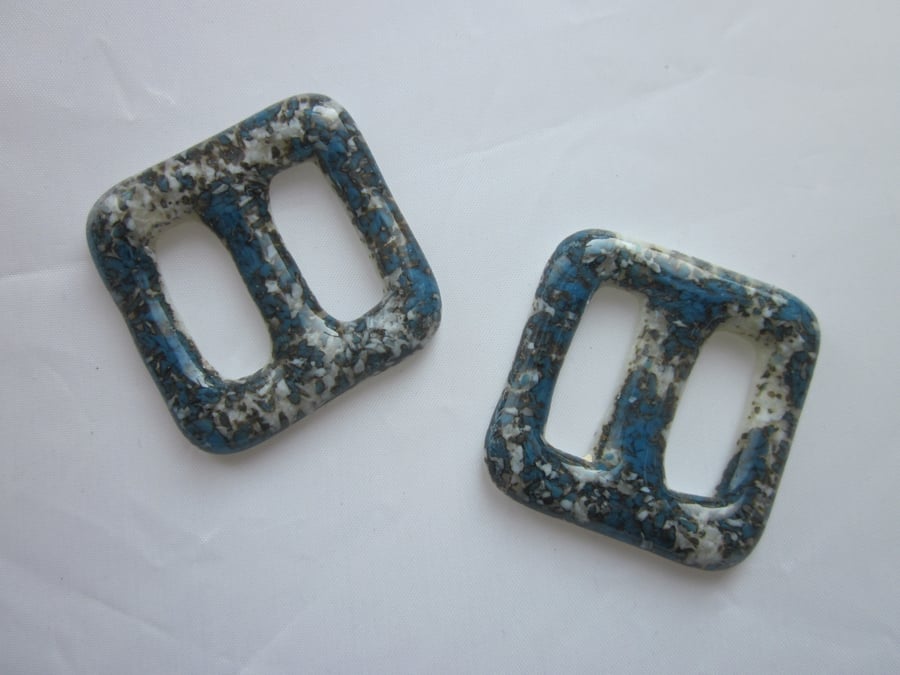 One handmade cast glass buckle or button - Square pacific marble