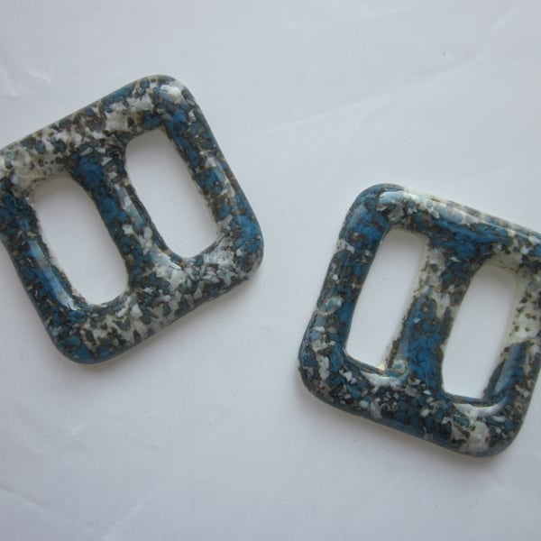 One handmade cast glass buckle or button - Square pacific marble