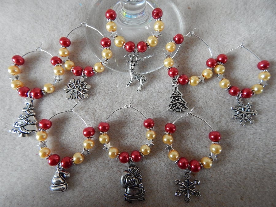 Christmas Wine Glass Charms Set of 8 Red and Yellow