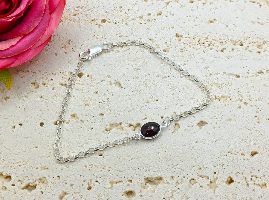 Double Sided Garnet Sterling Silver Gemstone Bracelet, Garnet Stacking Bracelet,