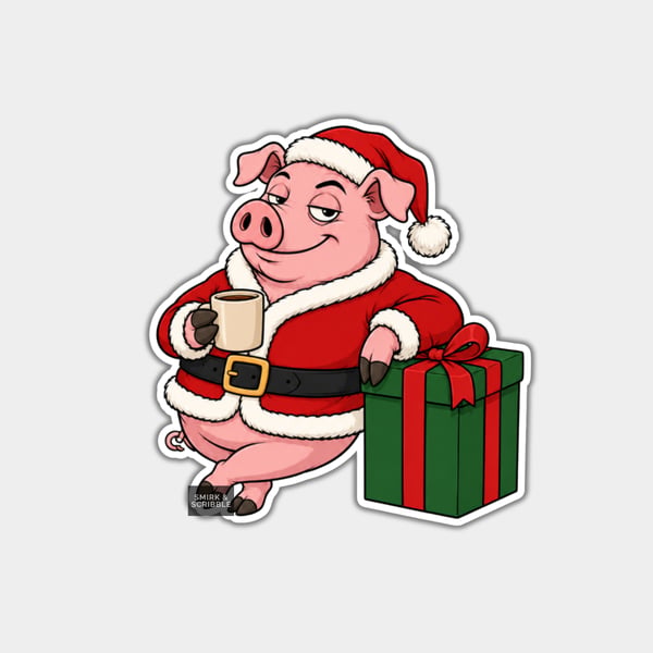 Unique Funny Christmas Sticker Xmas Decal - Pig With Present