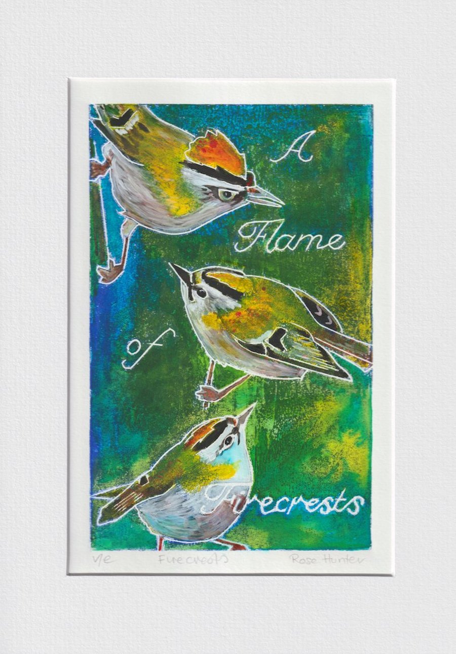 A Flame of Firecrests - 004 original hand painted Lino print