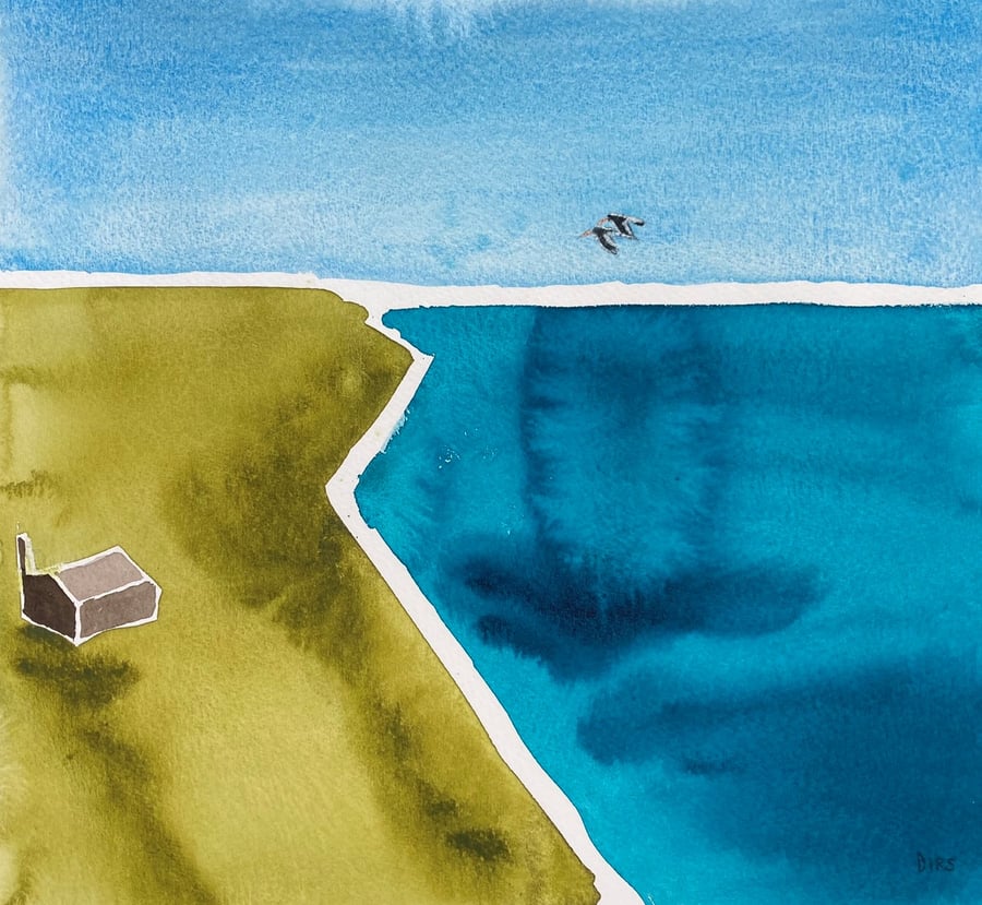 Oystercatchers over Lundy – original watercolour, unframed