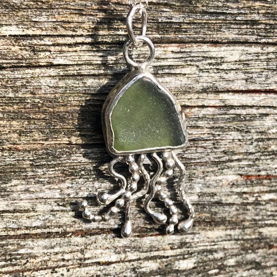 Sage Green Sea Glass and Sterling Silver Jelly Fish Pendant - 1299