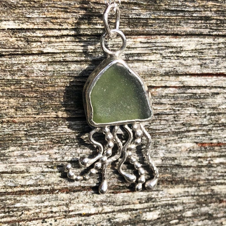 Sage Green Sea Glass and Sterling Silver Jelly Fish Pendant - 1299