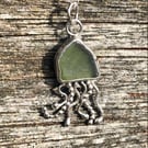 Sage Green Sea Glass and Sterling Silver Jelly Fish Pendant - 1299