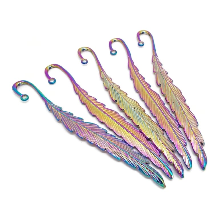 5 Rainbow Feather Bookmarks, Electroplated Alloy 116mm Pink Green Blue and Gold