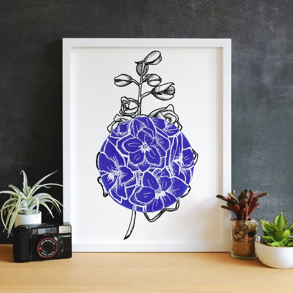 Minimalist Dark Blue Delphinium Flower Illustration Fine Art Print