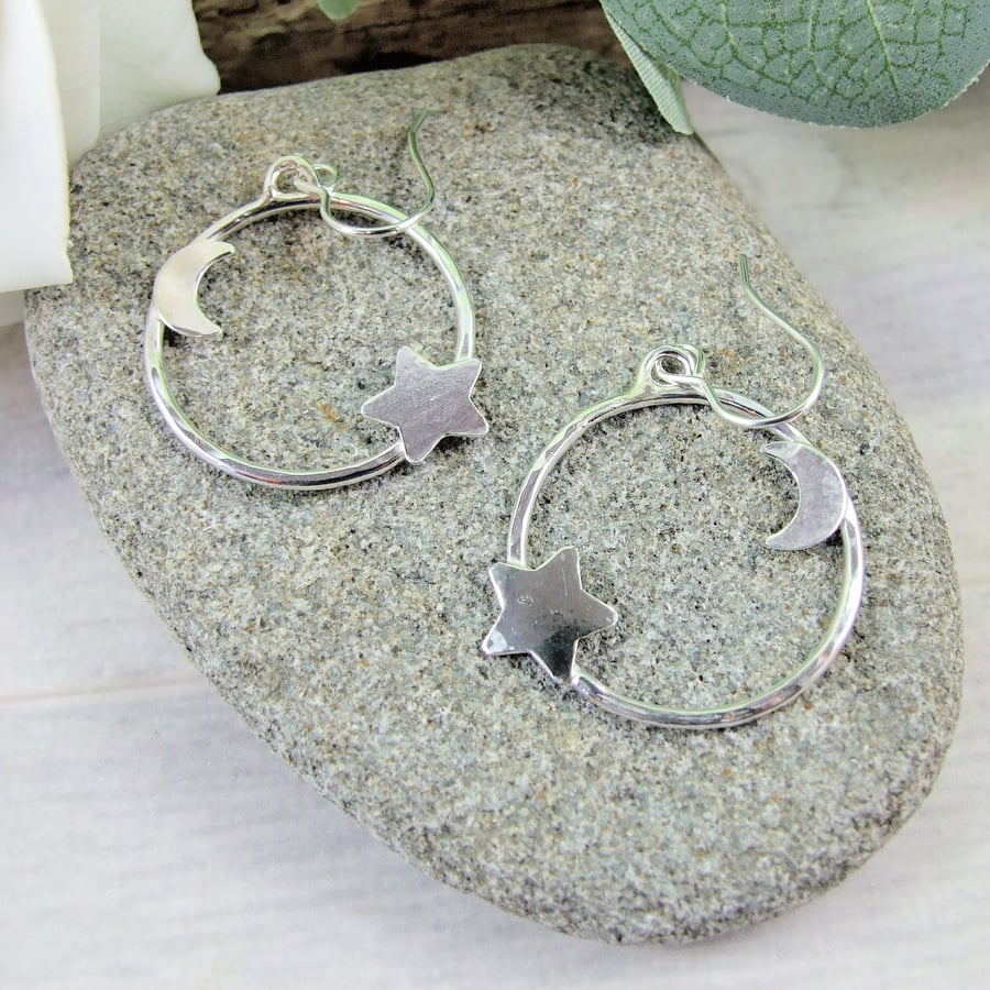 Earrings, Sterling Silver Moon and Stars Hoops 