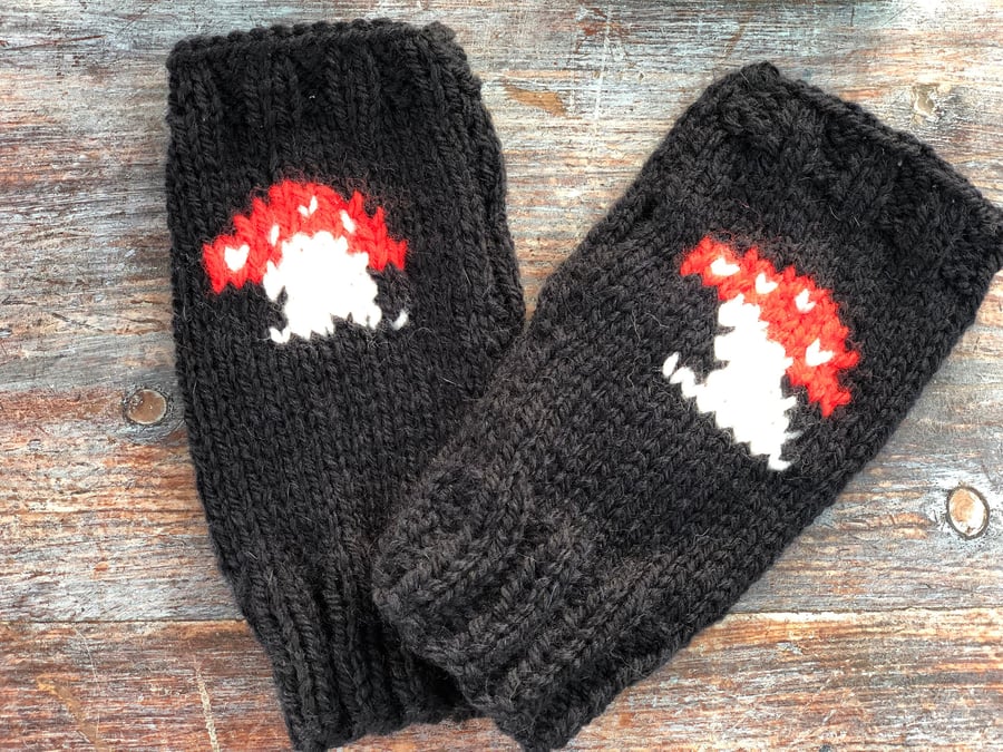 Fingerless mittens Toadstool,Mushroom, fungi texting ,money for cat rescue