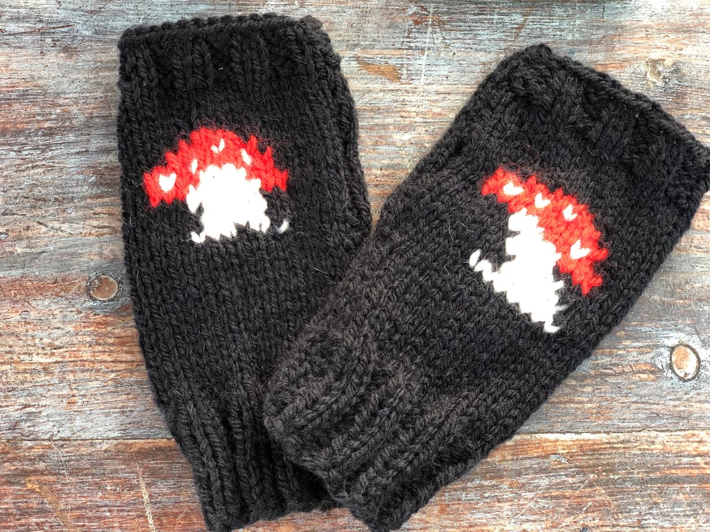 Fingerless mittens Toadstool,Mushroom, fungi texting ,money for cat rescue