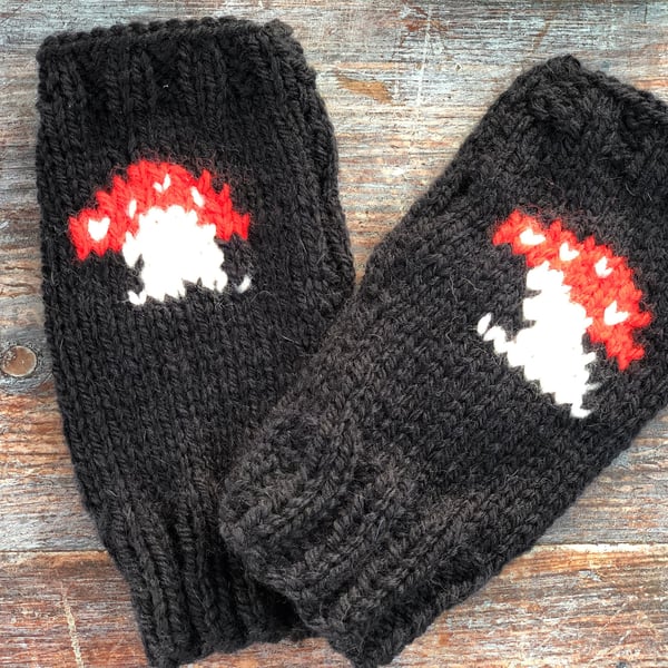 Fingerless mittens Toadstool,Mushroom, fungi texting ,money for cat rescue