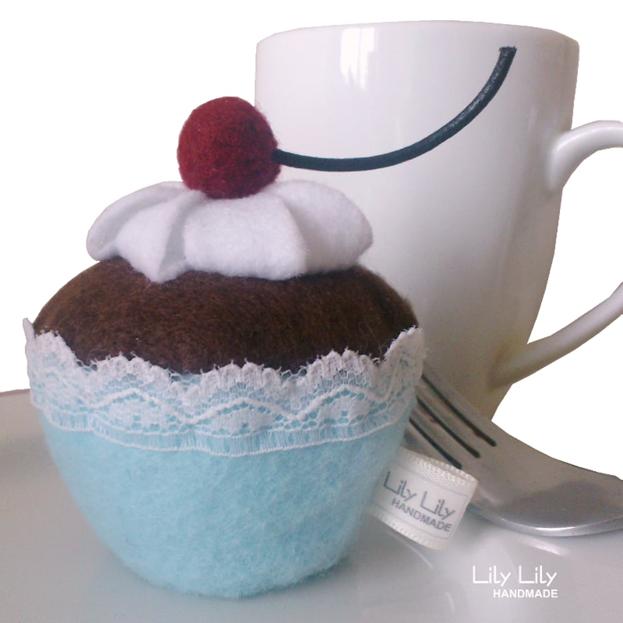 Handmade Felt Pin Cushion, Chocolate Cupcake
