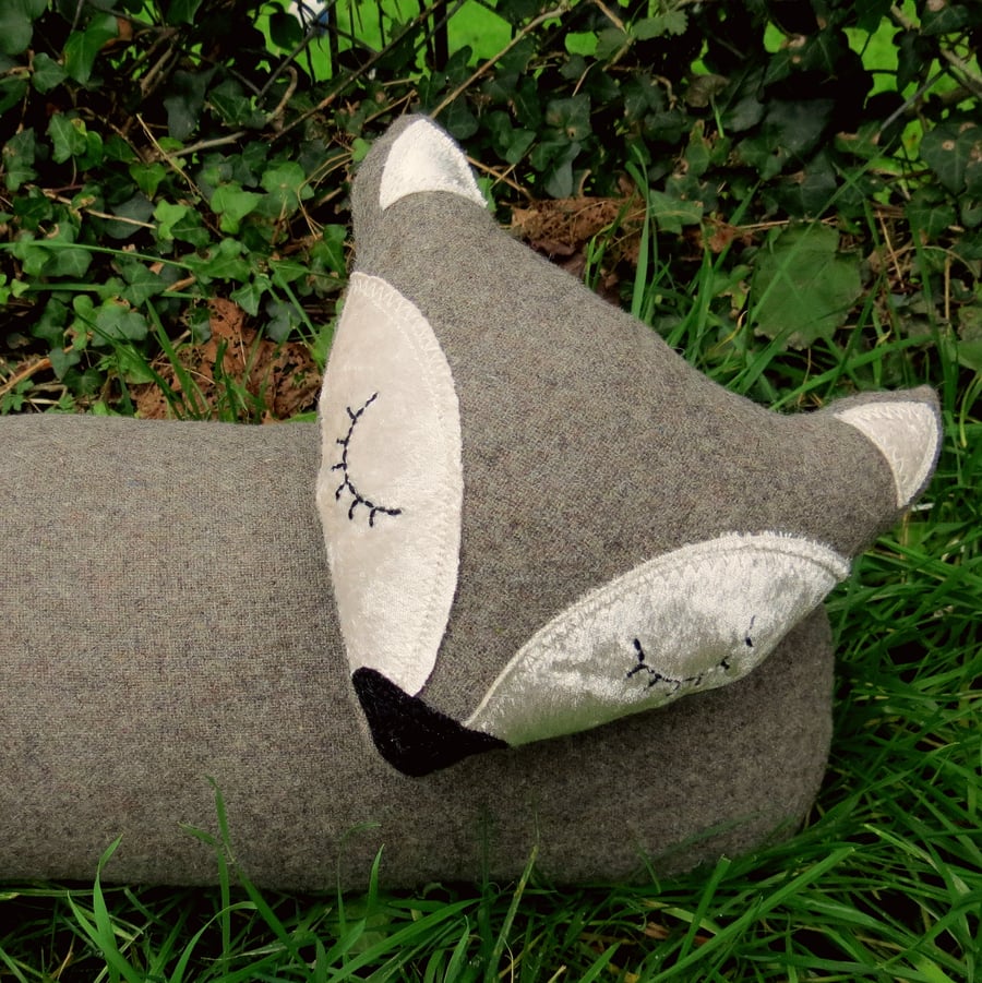 Fox draught excluder.  Grey wool and velvet.  Winter decor.  99cm in length.