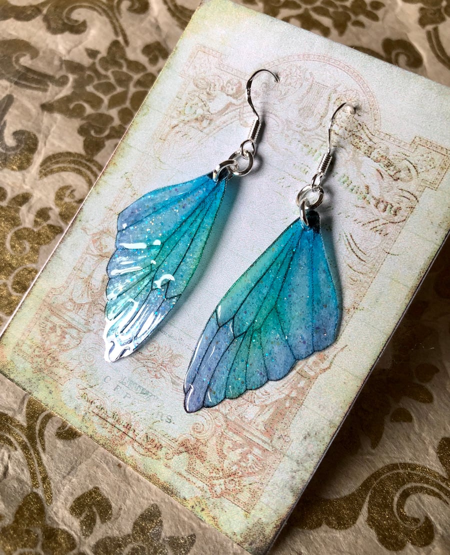 Blue and lavender pastel fairy wing sterling silver earrings