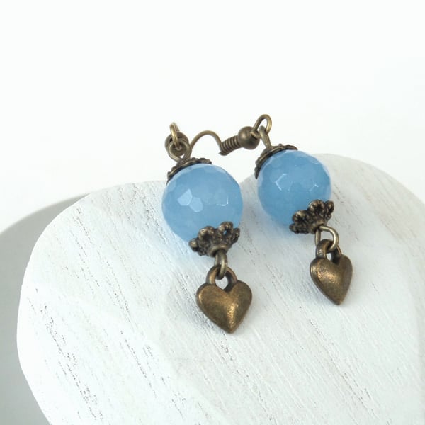 Cornflower blue quartz bronze earrings with heart charm