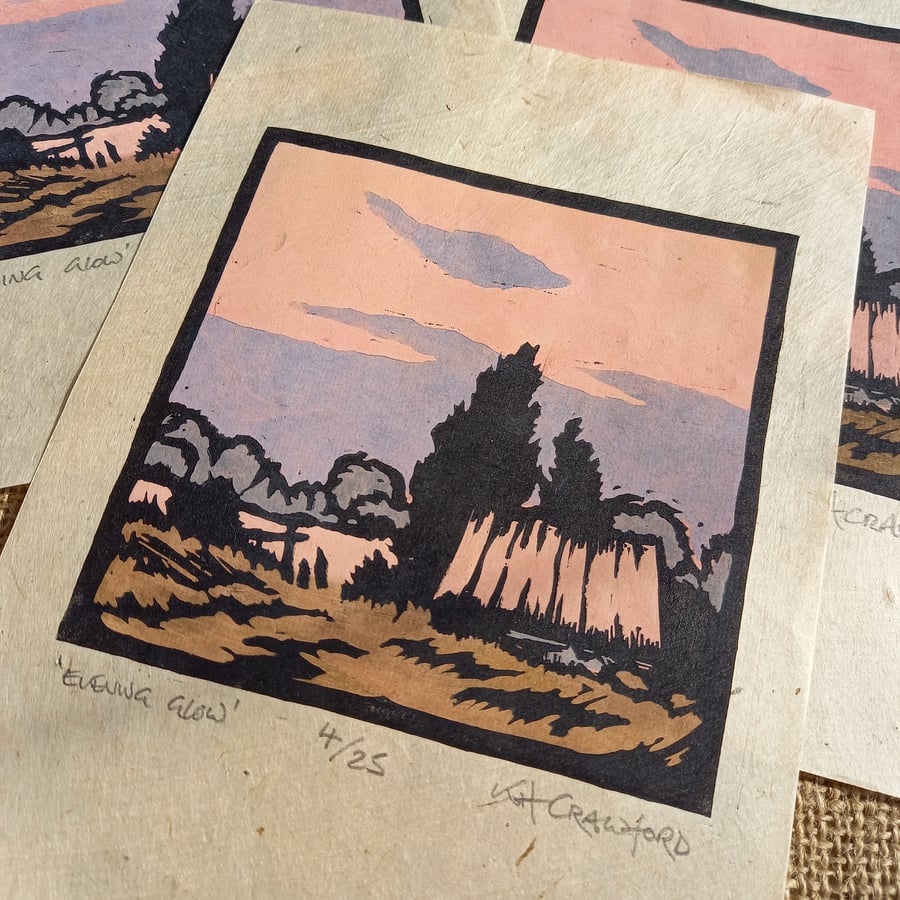 Evening Glow - Original limited edition sunset landscape linocut print 