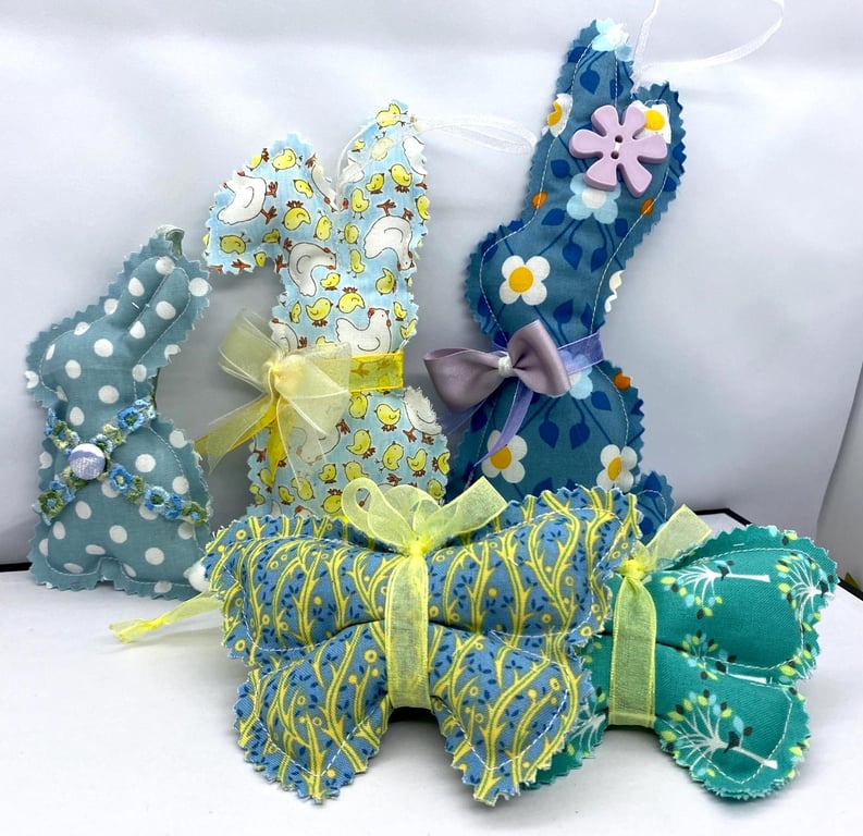 Handmade Blue Easter Hanging Decorations – Rabbit and Butterfly Spring Set of 5