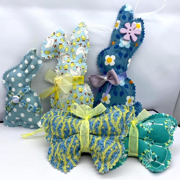 Handmade Blue Easter Hanging Decorations – Rabbit and Butterfly Spring Set of 5