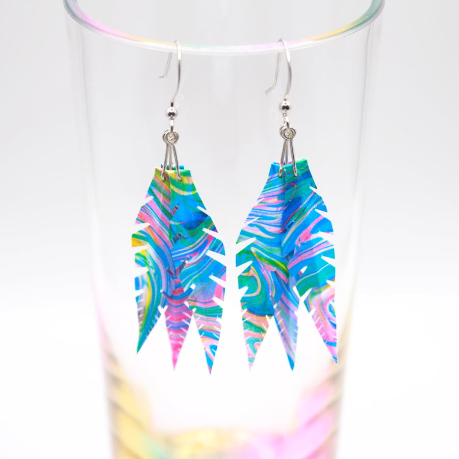 Multicoloured Paper Feather Earrings.Festival Earrings.Cruelty-free Feathers