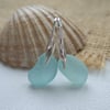 Sterling silver sea glass earrings, Seaham sea glass aqua teal, wave shaped