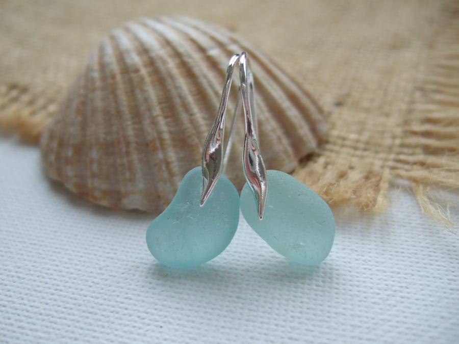 Sterling silver sea glass earrings, Seaham sea glass aqua teal, wave shaped