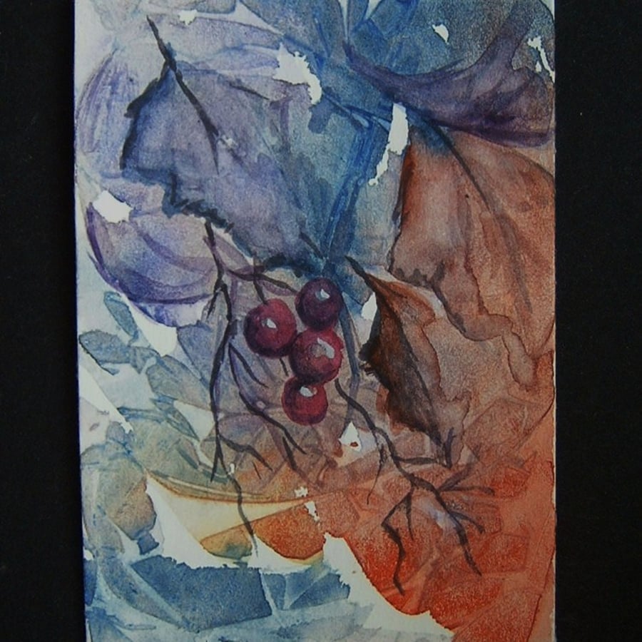 painting art leaves and berries aceo original watercolour ref 91