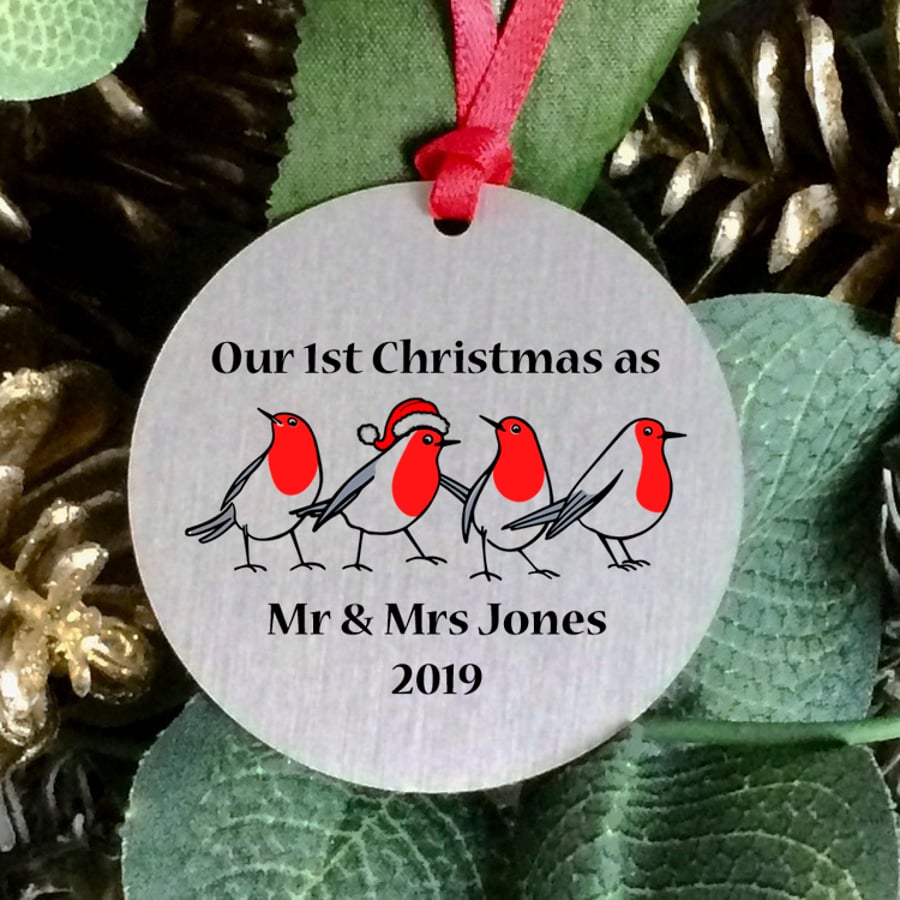 Mr & Mrs Christmas tree ornament, personalised sentimental keepsake gift. H10