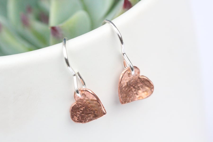 Copper love heart earrings with silver hook wires