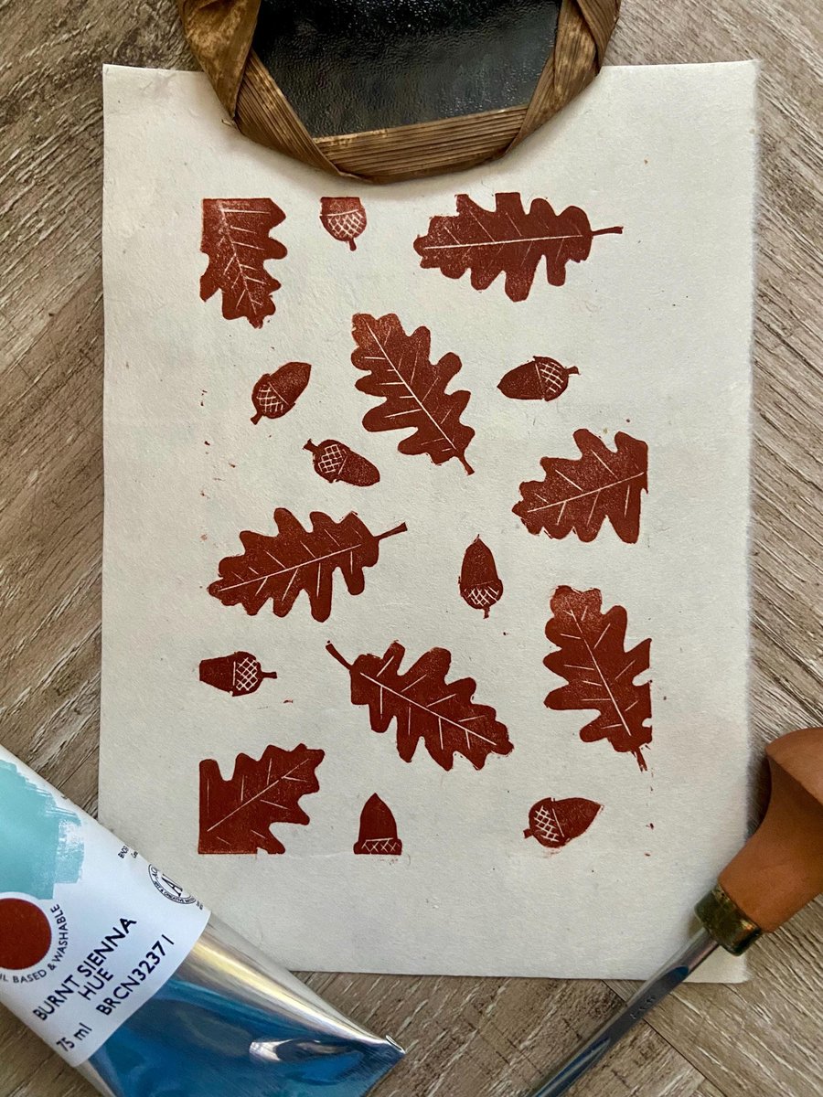 Oak Leaf Linoprint: Hand-Burnished Autumn Wall Art