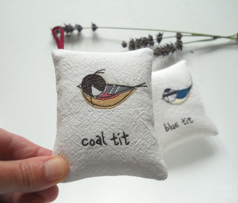 freehand embroidered lavender bag sachet hanging decoration COAL TIT