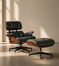Black Leather Lounge Chair & Ottoman Set - Walnut Veneer
