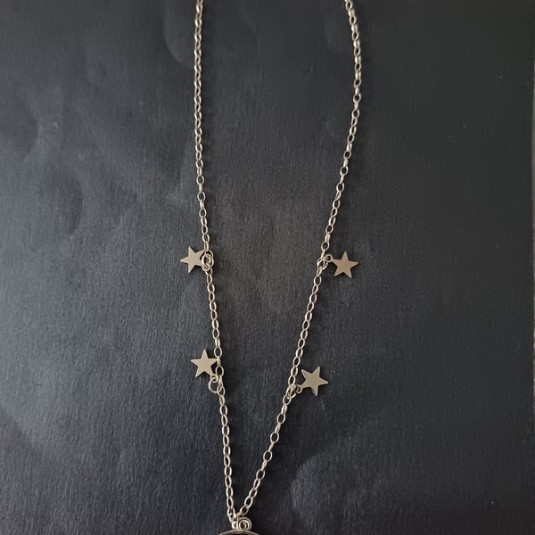 Silver owl and moon pendant necklace with star charms 