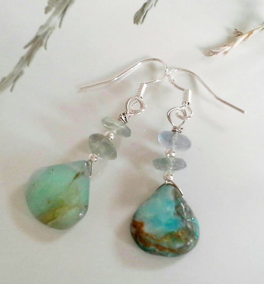 Natural Amazonite,  Fluorite Sterling Silver Earrings