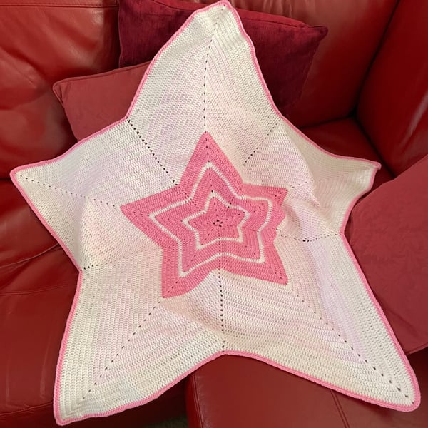 Five Starred Crocheted Pink Baby Blanket Cot Pram Moses Blanket