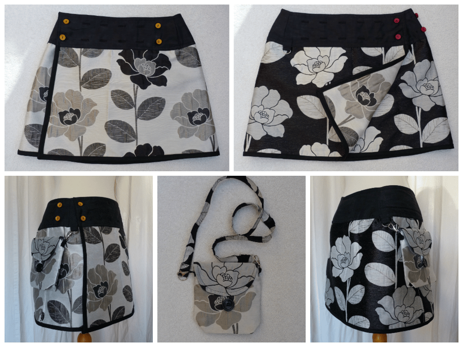 Reversible and Adjustable Wrap Skirt 28" to 40" Waist with detachable Hip Bag