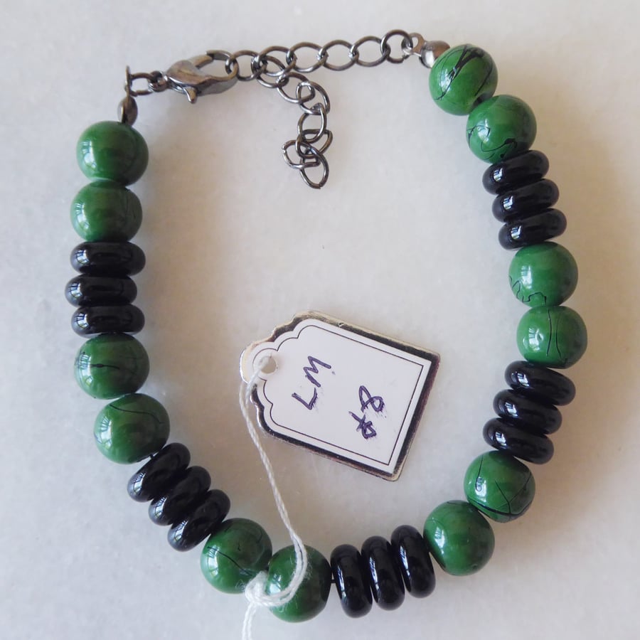 Green  and Black Beaded Adjustable Bracelet - Summer Seconds