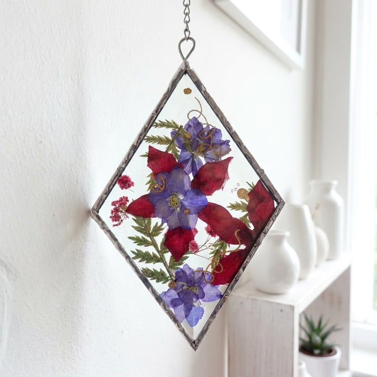 Stained Glass Suncatcher Diamond Bevel encased Wild Flowers  and diamante