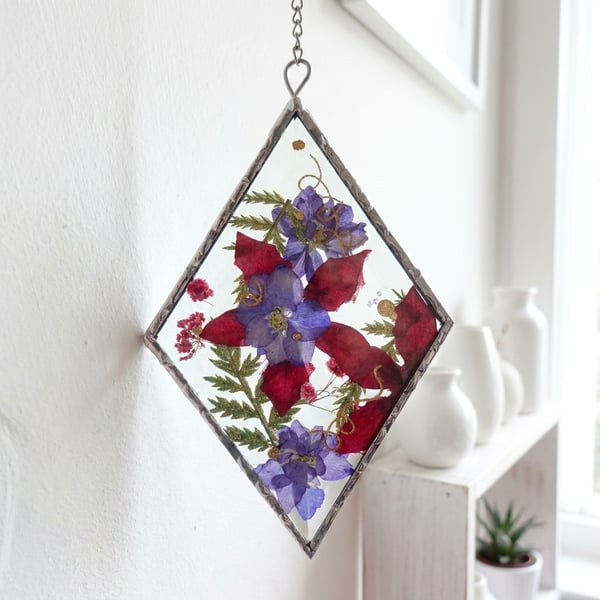 Stained Glass Suncatcher Diamond Bevel encased Wild Flowers  and diamante