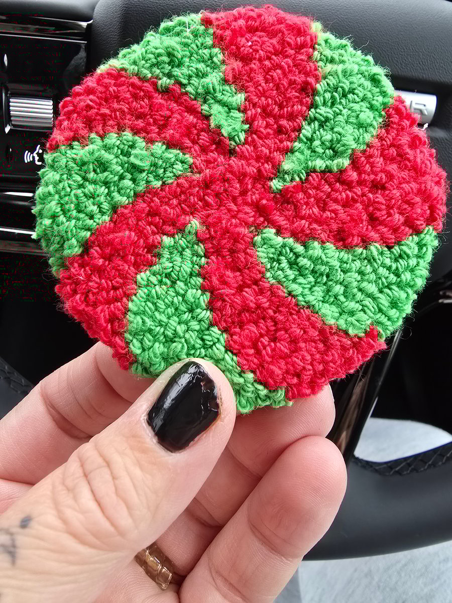 Candy Cane Red and Green Christmas Punch Needle Car Coaster 
