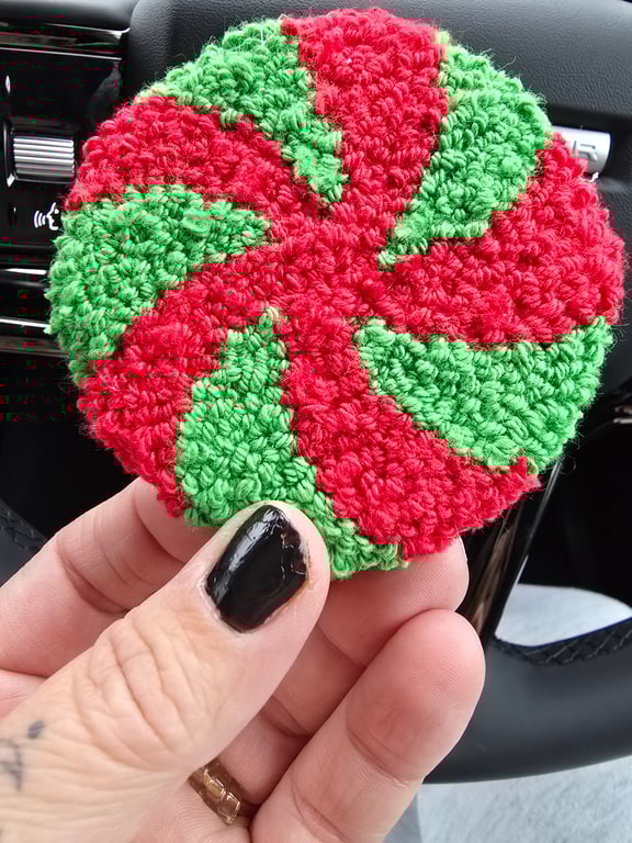 Candy Cane Red and Green Christmas Punch Needle Car Coaster 