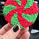 Candy Cane Red and Green Christmas Punch Needle Car Coaster 