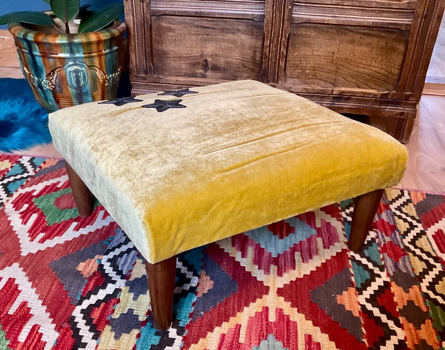 Yellow Crushed Velvet Sequin Stars Footstool Coffee Table New