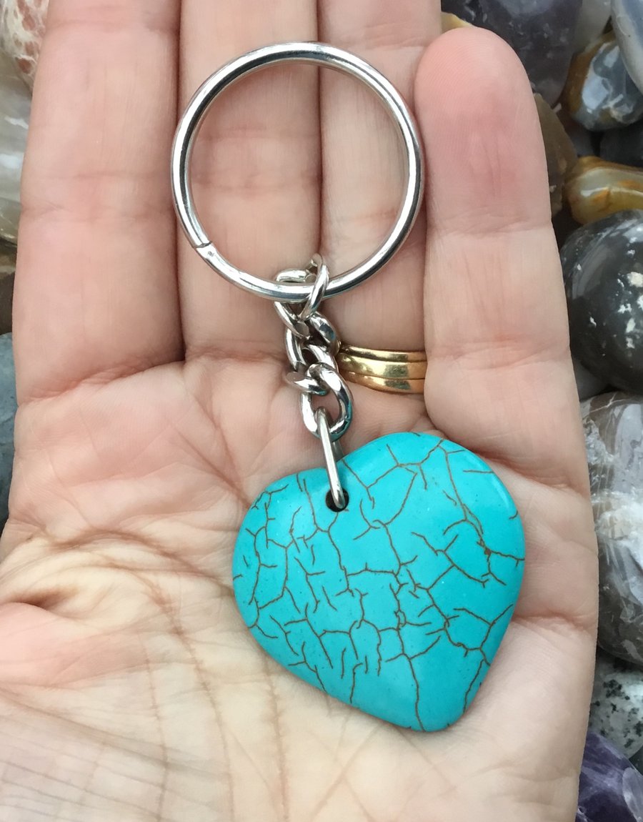 Substantial Turquoise Howlite Heart Gemstone Keyring or Handbag Charm.