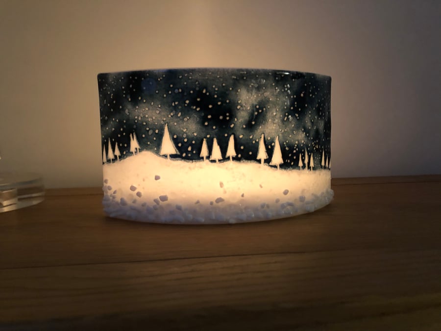 Fused glass curved glass winter scene 